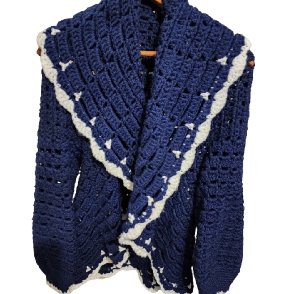 Vintage Handmade Crochet‎ shawl collar sweater OSFM